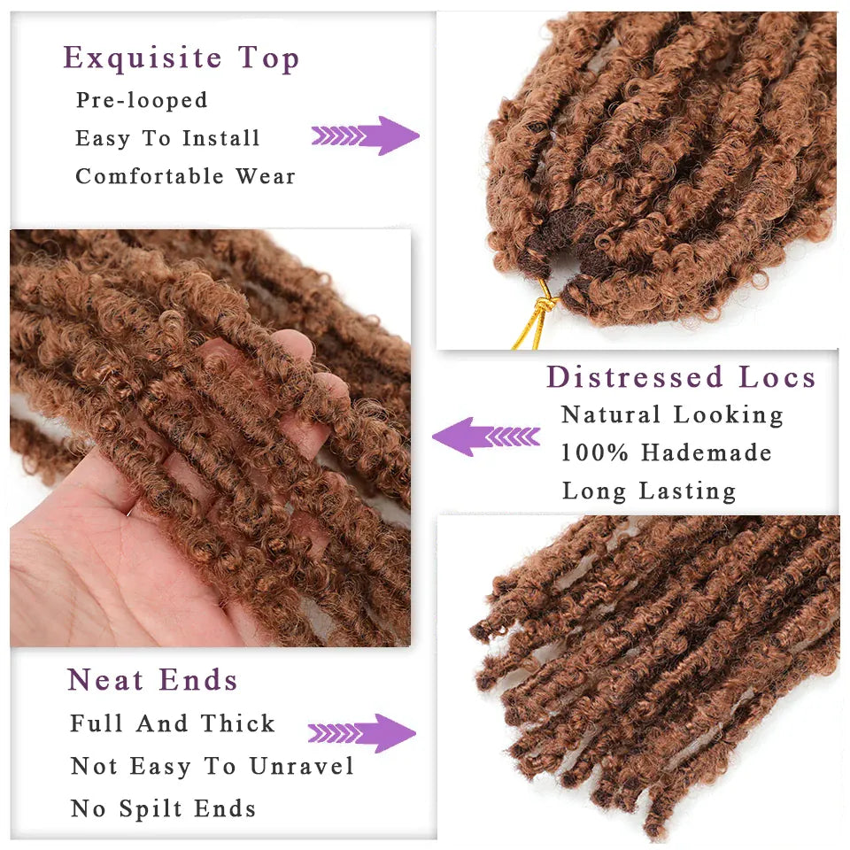 1-8 Packs Butterfly Faux Locs Crochet Hair Distressed Pre Looped Ginger Brown Butterfly Locs Mèches Messy Goddess Soft Locs Hair