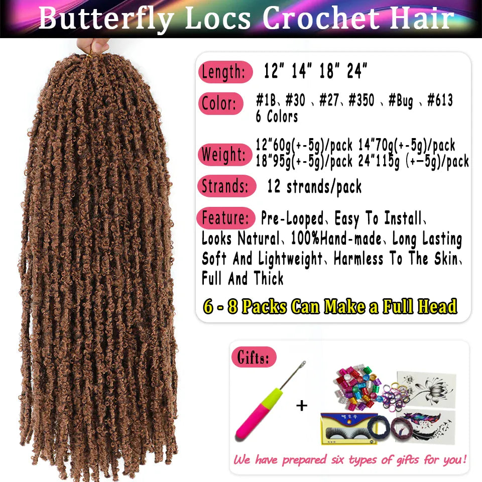 1-8 Packs Butterfly Faux Locs Crochet Hair Distressed Pre Looped Ginger Brown Butterfly Locs Mèches Messy Goddess Soft Locs Hair