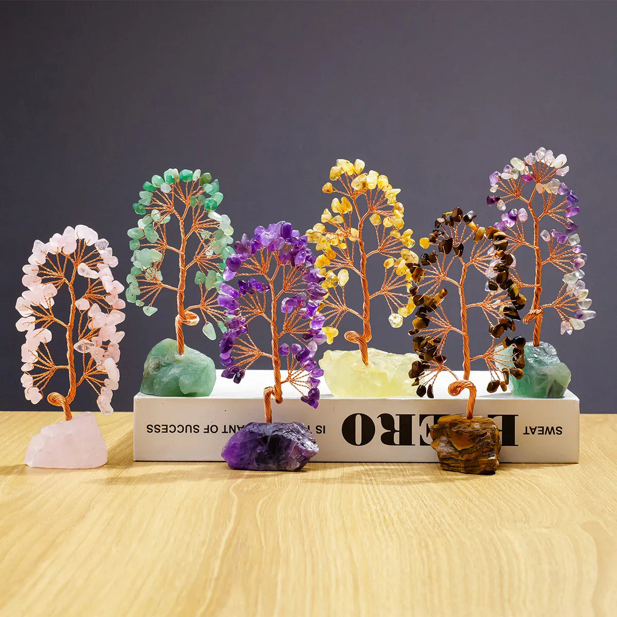 1 Piece Natural Gemstone Crystal Lucky Tree Decoration with Raw Stone Base – for Home, Office Desk & Living Room