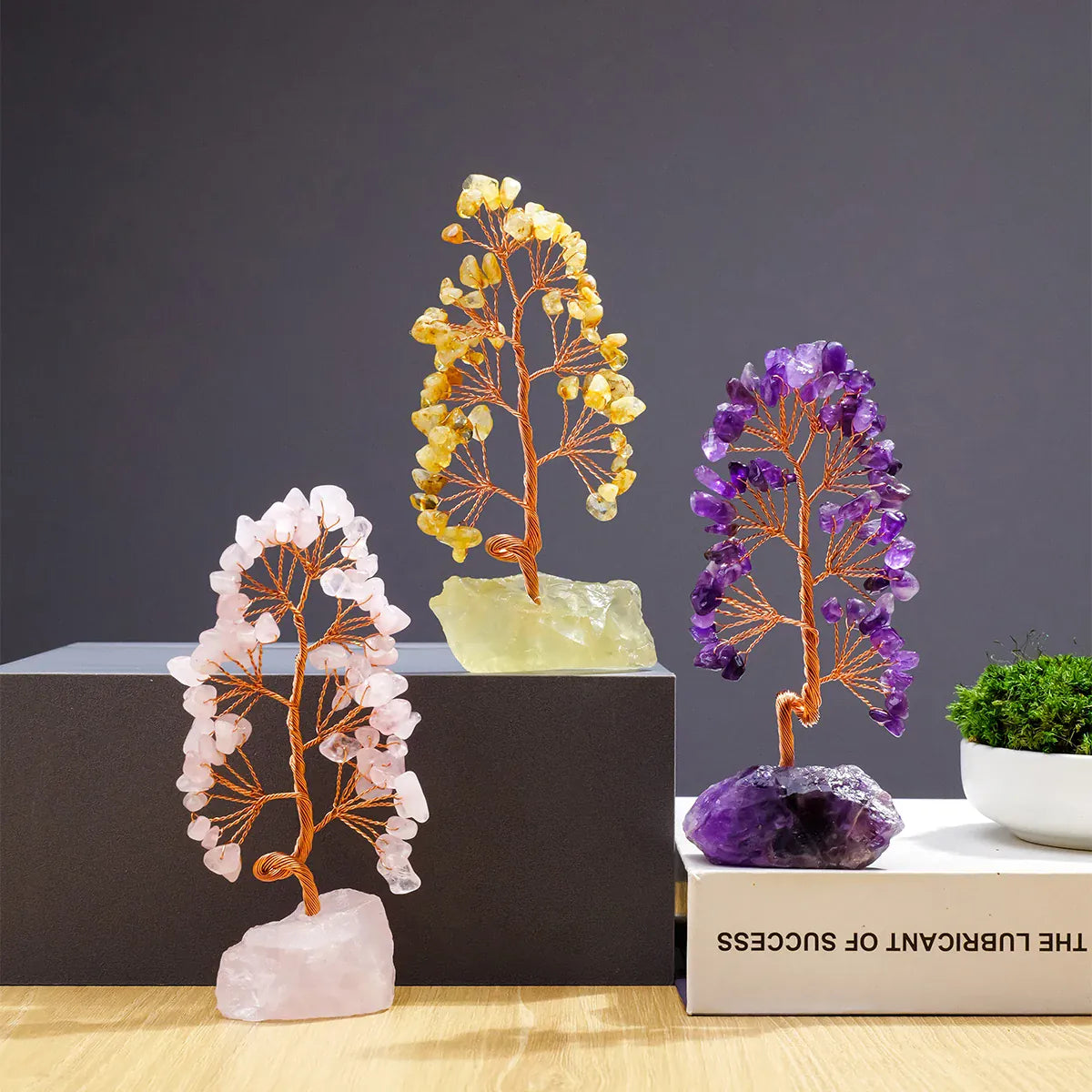 1 Piece Natural Gemstone Crystal Lucky Tree Decoration with Raw Stone Base – for Home, Office Desk & Living Room