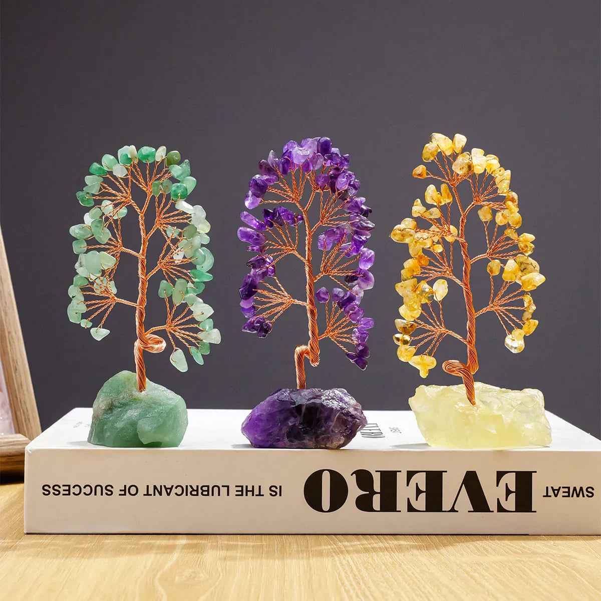 1 Piece Natural Gemstone Crystal Lucky Tree Decoration with Raw Stone Base – for Home, Office Desk & Living Room