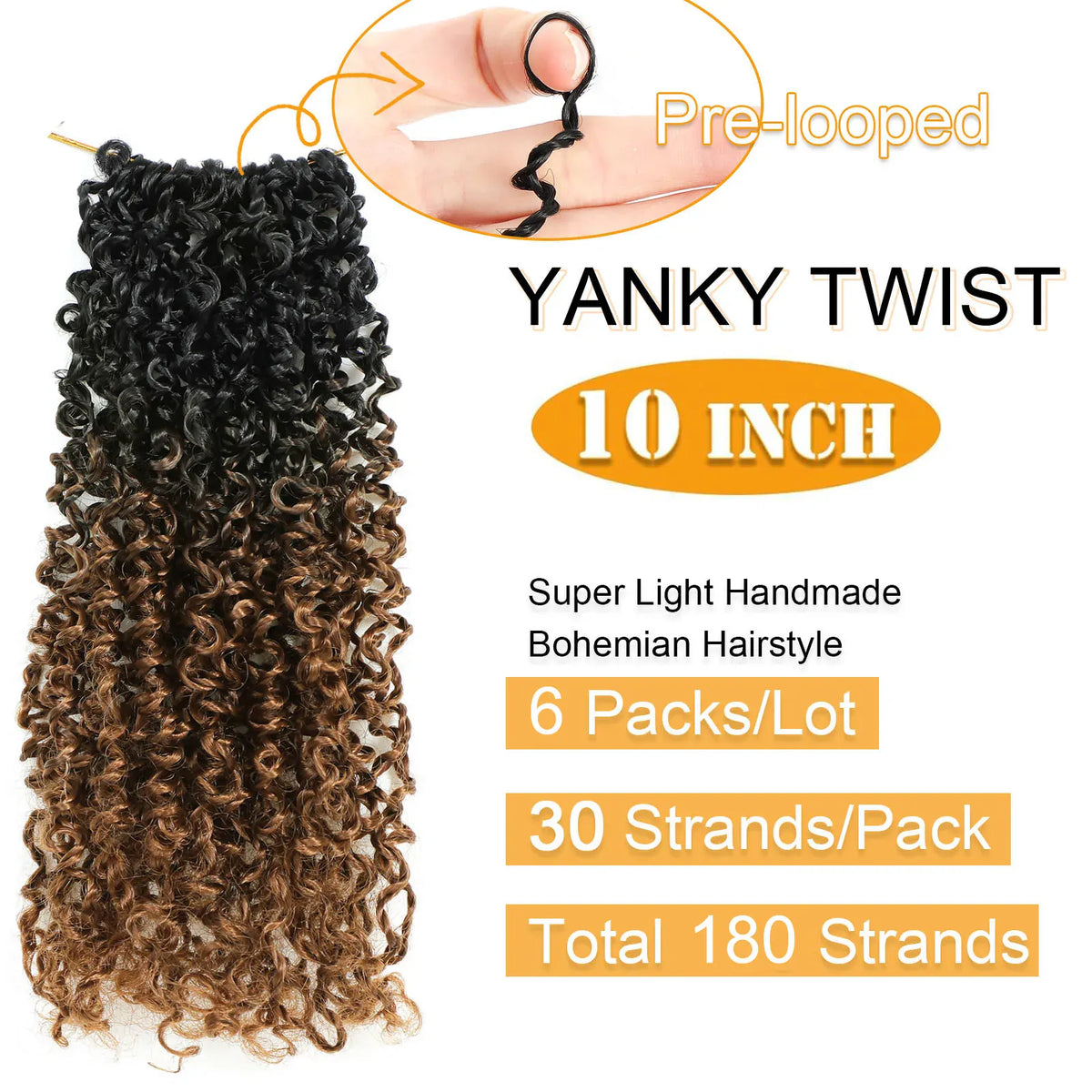10 Inch Yanky Twist Crochet Hair Pre-looped 6 Packs Ombre Brown Spring Twists Hair Senegalese Twist Crochet Hair with Curly Ends Synthetic Crochet Braids