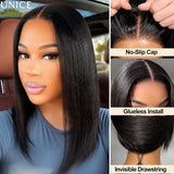 HSF Marketplace Proserpina 100% human hair Yaki straight bob wig with lace, drawstring, and glueless design, front view.
