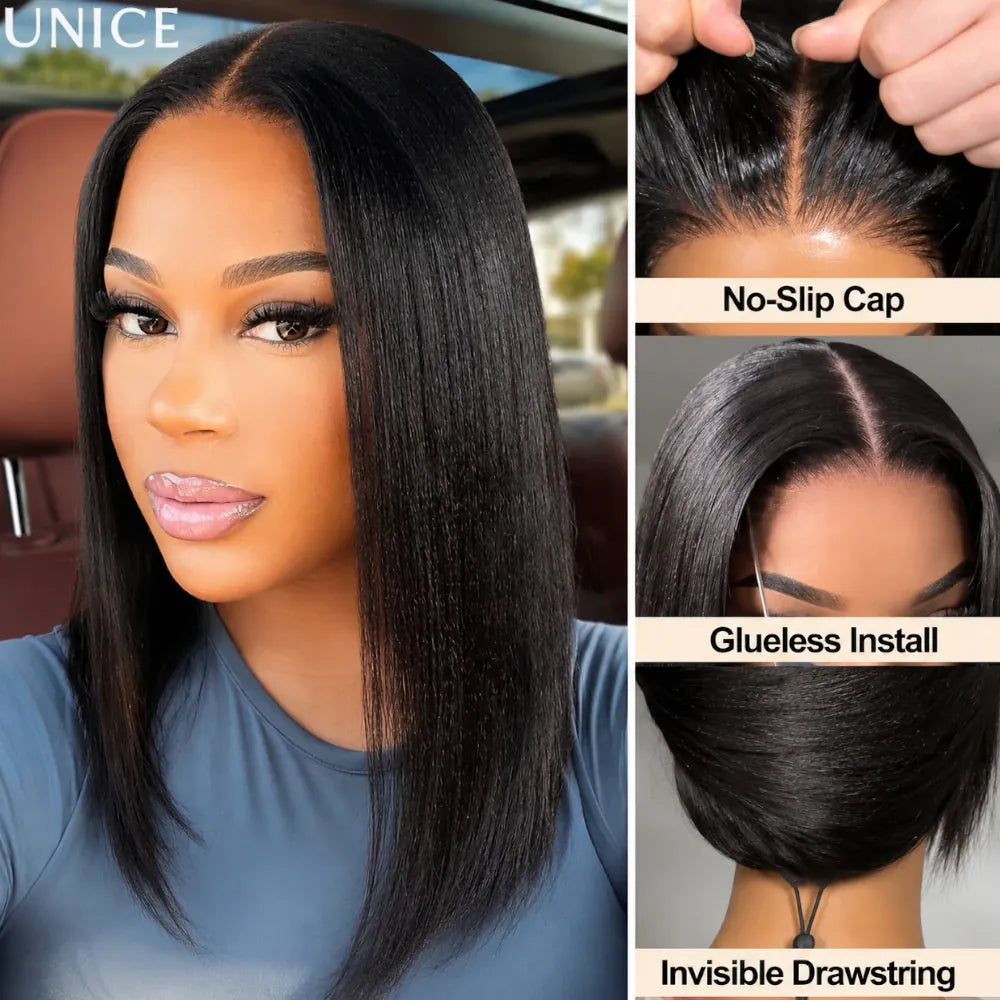 HSF Marketplace Proserpina 100% human hair Yaki straight bob wig with lace, drawstring, and glueless design, front view.