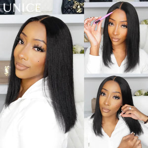 100% Human Hair Yaki Straight Bob Wig With Drawstring 7x5 & 13x4 Lace Glueless Bob Wigs