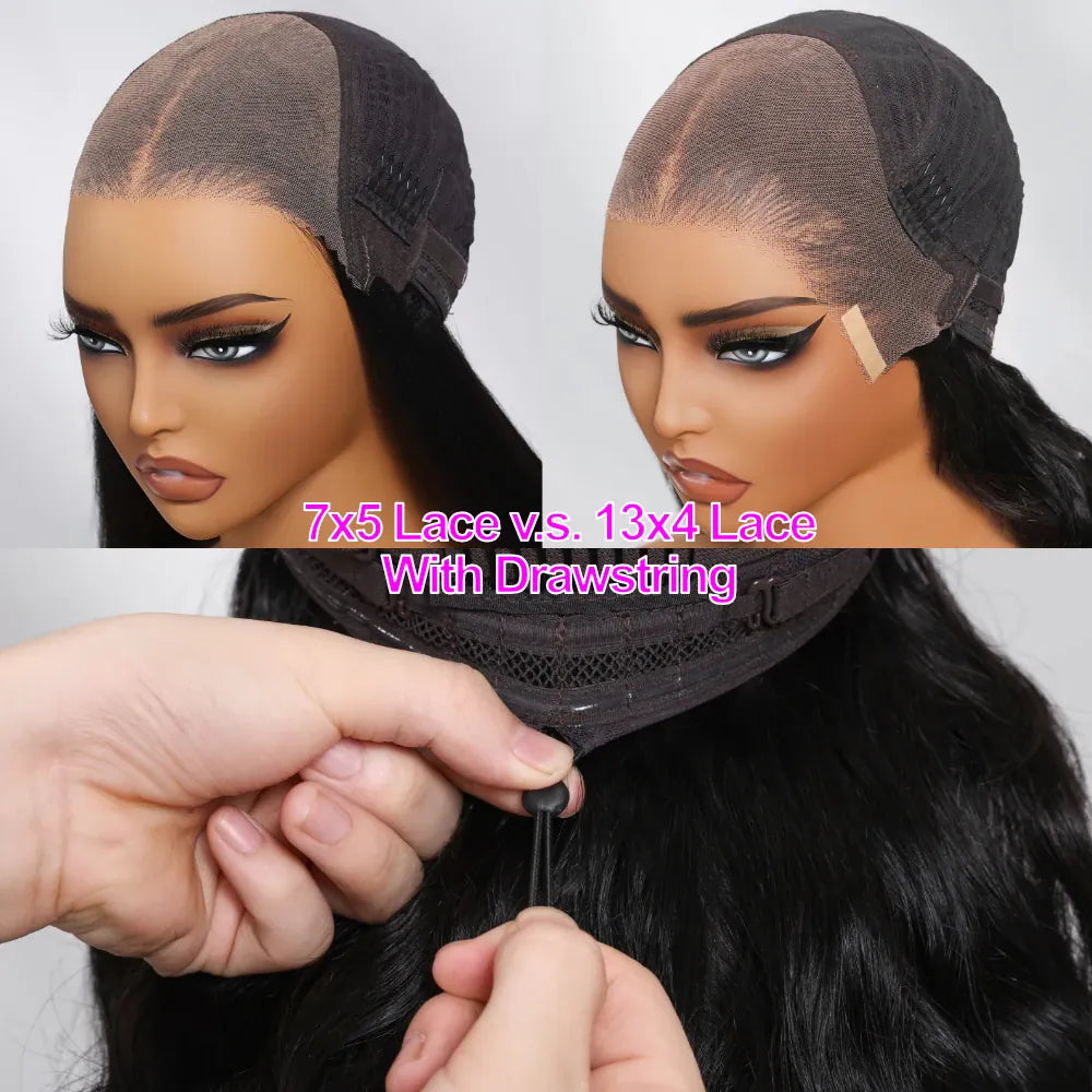 HSF Marketplace Proserpina 100% human hair Yaki straight bob wig with lace, drawstring, and glueless 7x5 and 13x4 lace details