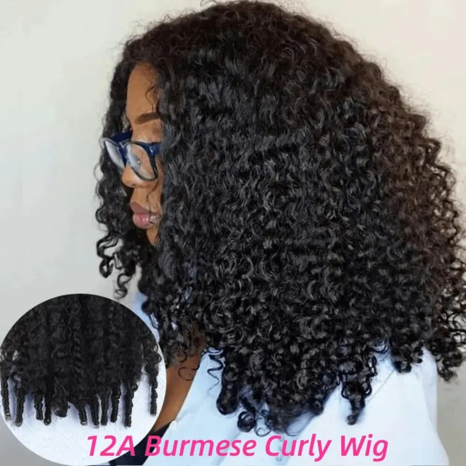 12A Burmese Curly Human Hair Wigs Brazilian 250% Density 13x6 HD Transparent Lace Frontal Wig For Women Water Wave Lace Front Wigs With Spiral End