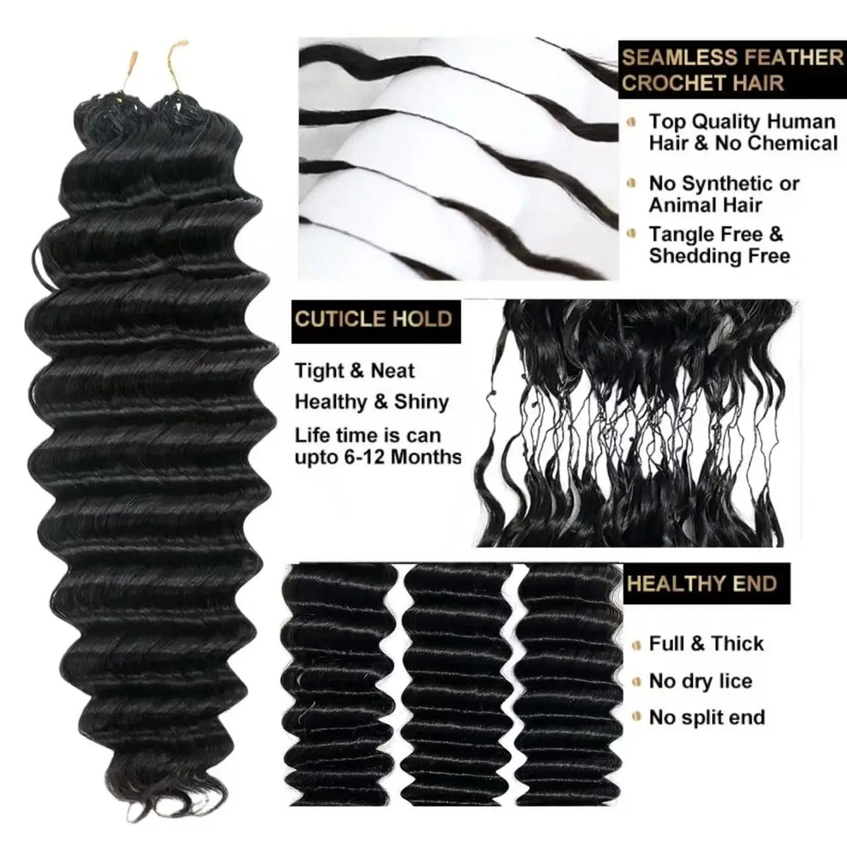 12A Deep Wave Invisible Knot PreSeparated Crochet Human Hair Extensions Natural Curly Water Wave Feather Hair For Boho Braid
