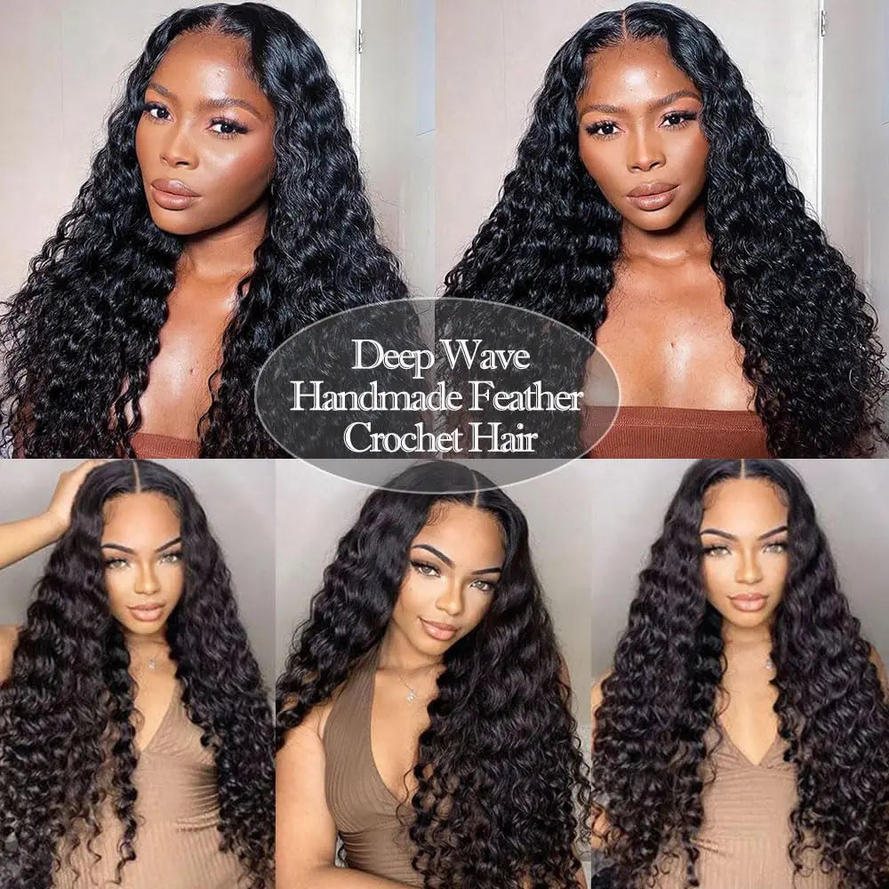 12A Deep Wave Invisible Knot PreSeparated Crochet Human Hair Extensions Natural Curly Water Wave Feather Hair For Boho Braid