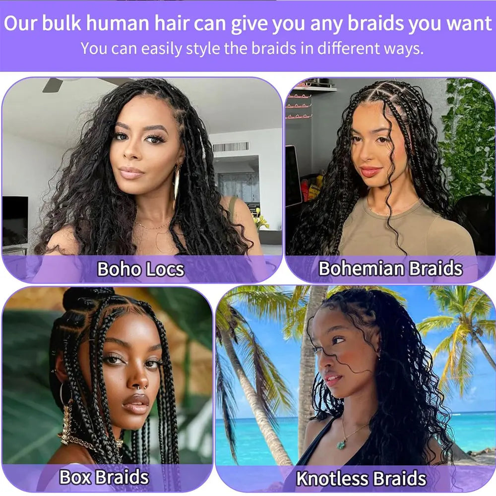12A Grade Brazilian Virgin Bulk Human Hair Extensions Natural Color Deep Wave Curly Texture 18 to 26 Inch 2 Bundles 110g Pack Premium Hair for Knotless Boho Braids