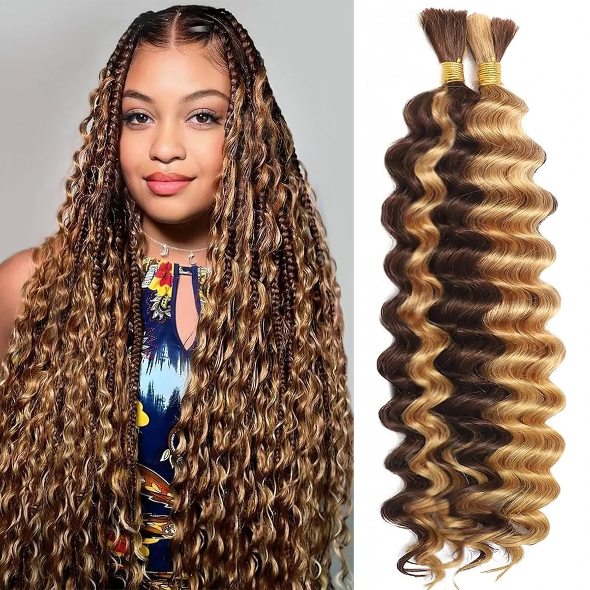 12A Grade Brazilian Virgin Bulk Human Hair Extensions Natural Color Deep Wave Curly Texture 18 to 26 Inch 2 Bundles 110g Pack Premium Hair for Knotless Boho Braids