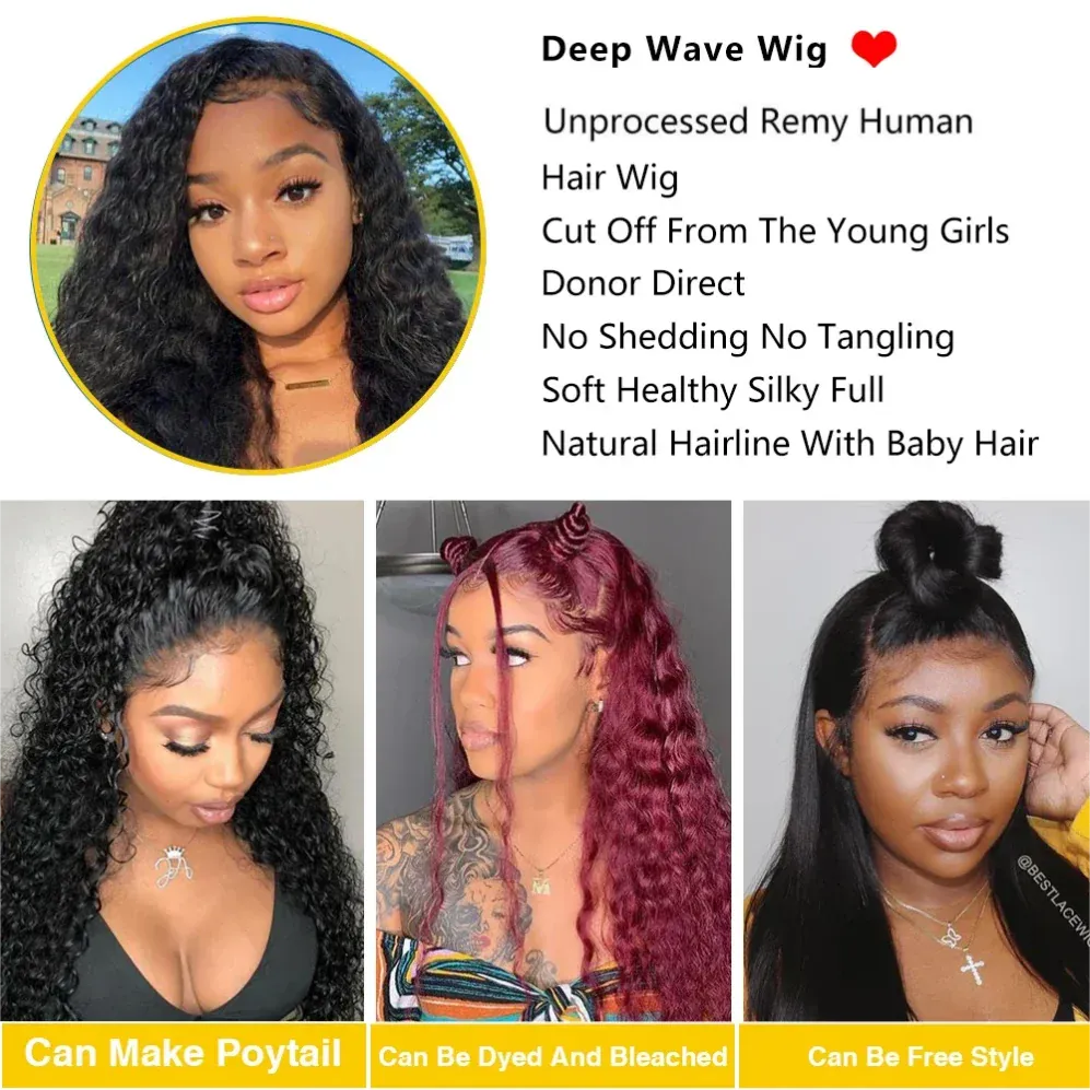13x4/13x6 Full Frontal HD Transparent Lace Long Deep Wave Brazilian Remy Human Hair Pre Plucked Wigs 200 Density