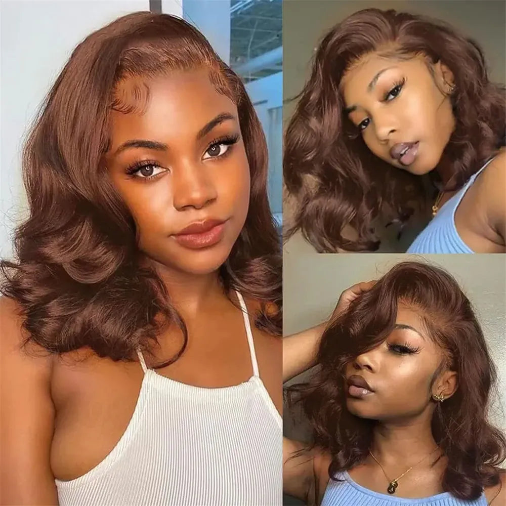 13x4 Brown Body Wave 100% Human Hair Bob Wigs Lace Frontal Wig  #4 Colored Short Bob Peruvian Lace Front Curly Wig