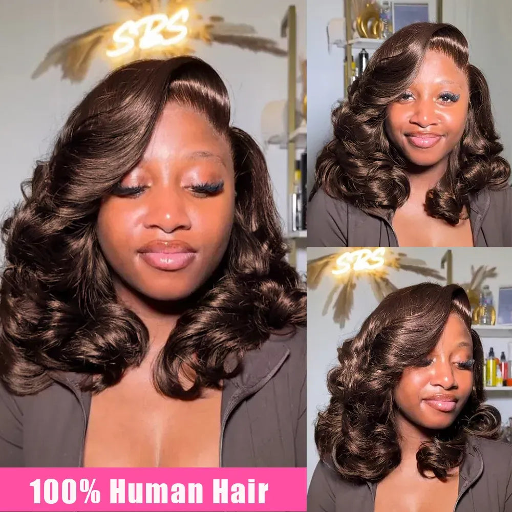 Brown 13x4 body wave human hair bob wig with lace frontal, short curly style, colored #4, from HSF Marketplace.