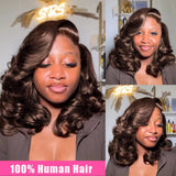 Brown 13x4 body wave human hair bob wig with lace frontal, short curly style, colored #4, from HSF Marketplace.
