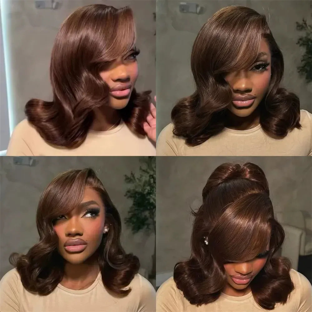 Brown 13x4 body wave human hair bob wig with lace front, curly style, short length, Peruvian human hair, #4 color.
