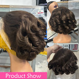 Brown 13x4 body wave human hair bob wig with lace frontal, short curly style, 100% Peruvian human hair, #4 color, 210% density