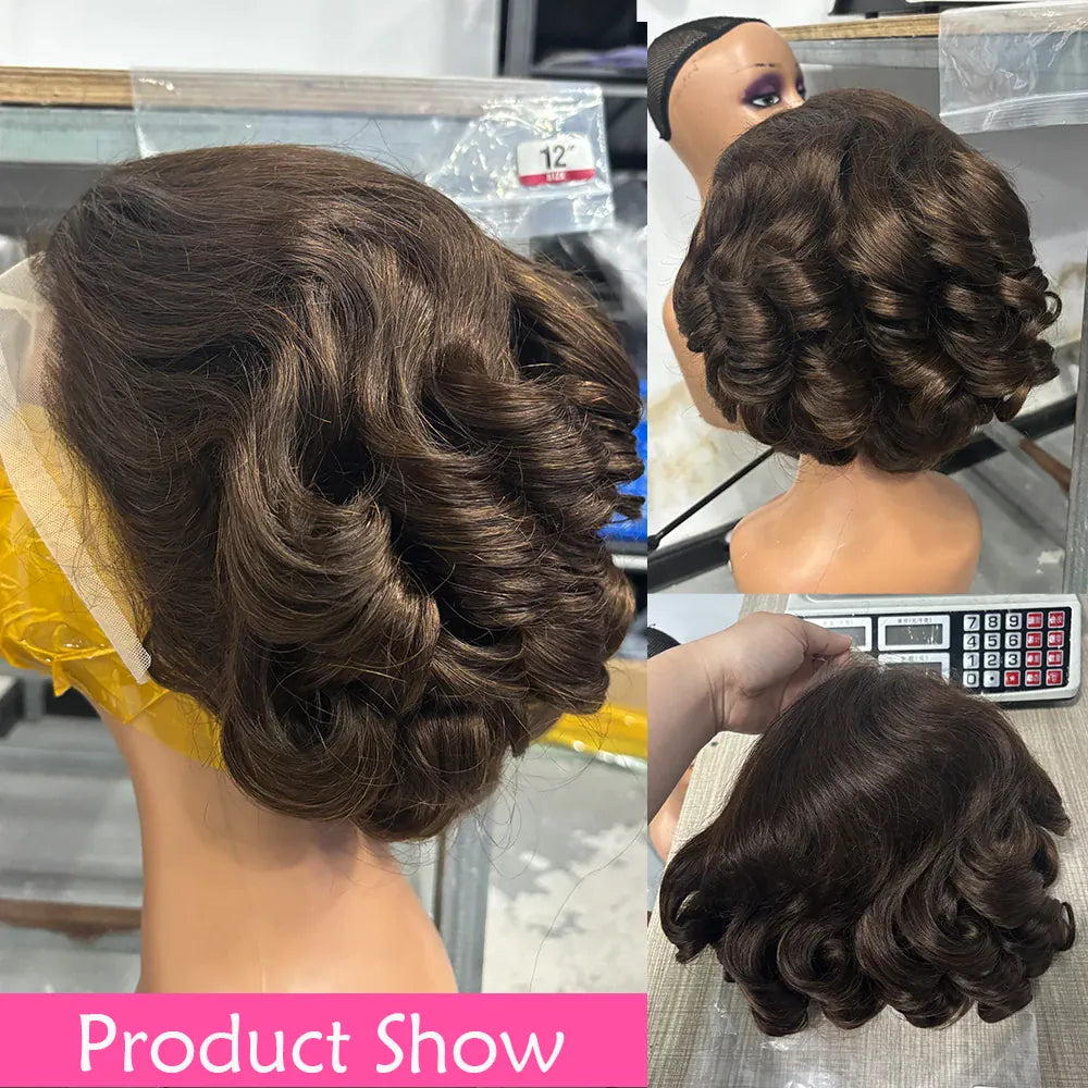 Brown 13x4 body wave human hair bob wig with lace frontal, short curly style, 100% Peruvian human hair, #4 color, 210% density