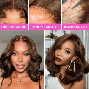 13x4 Brown Body Wave 100% Human Hair Bob Wigs Lace Frontal Wig  #4 Colored Short Bob Peruvian Lace Front Curly Wigs 210% Density