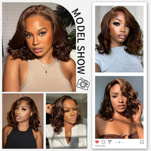 13x4 Brown Body Wave 100% Human Hair Bob Wigs Lace Frontal Wig  #4 Colored Short Bob Peruvian Lace Front Curly Wigs 210% Density