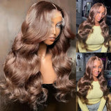 13x4 HD Transparent Lace Frontal Wig 34 Inch Chocolate Brown Body Wave Brazilian Human Hair Pre Plucked Wigs for Women