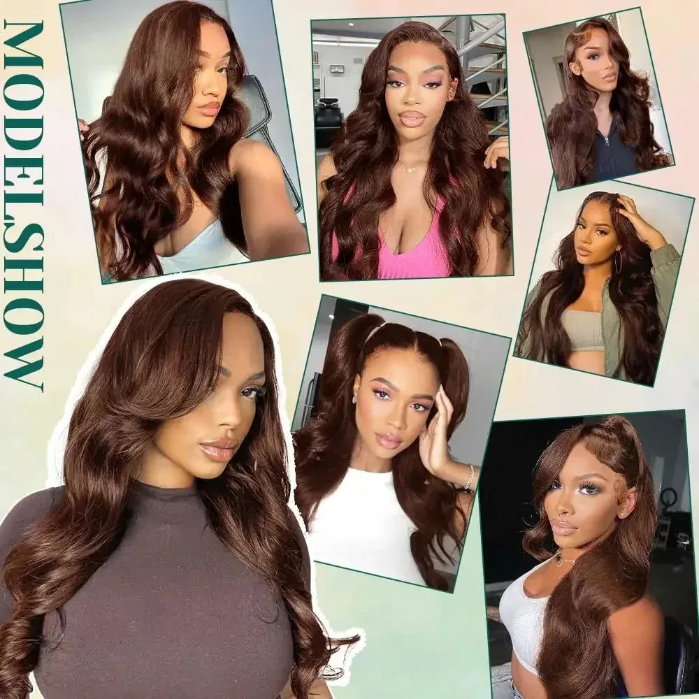 13x4 HD Transparent Lace Frontal Wig 34 Inch Chocolate Brown Body Wave Brazilian Human Hair Pre Plucked Wigs for Women