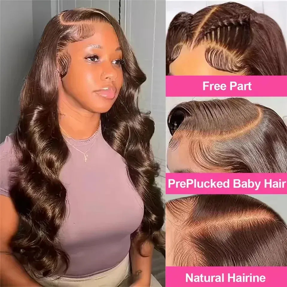 13x4 HD Transparent Lace Frontal Wig 34 Inch Chocolate Brown Body Wave Brazilian Human Hair Pre Plucked Wigs for Women