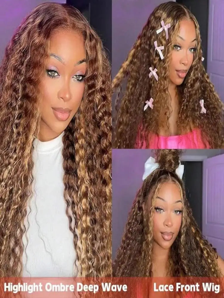13x4 Lace Front Highlight Curly Wig Human Hair Glueless HD Deep Wave PrePlucked 4/27 Colored Wig for Women