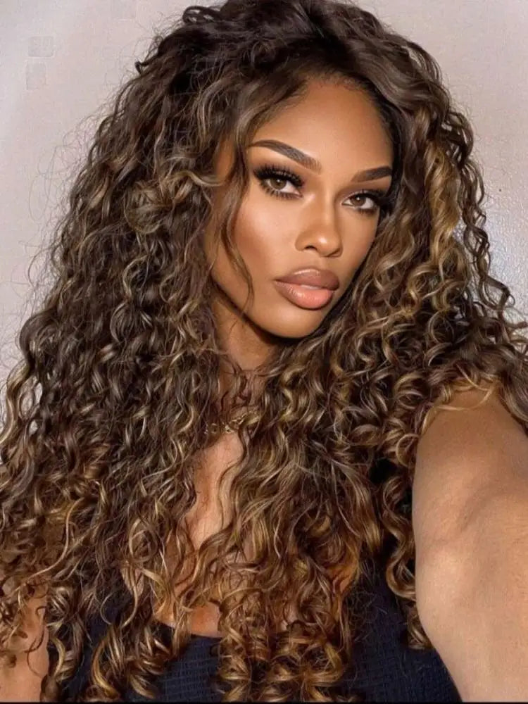 13x4 Lace Front Highlight Curly Wig Human Hair Glueless HD Deep Wave PrePlucked 4/27 Colored Wig for Women