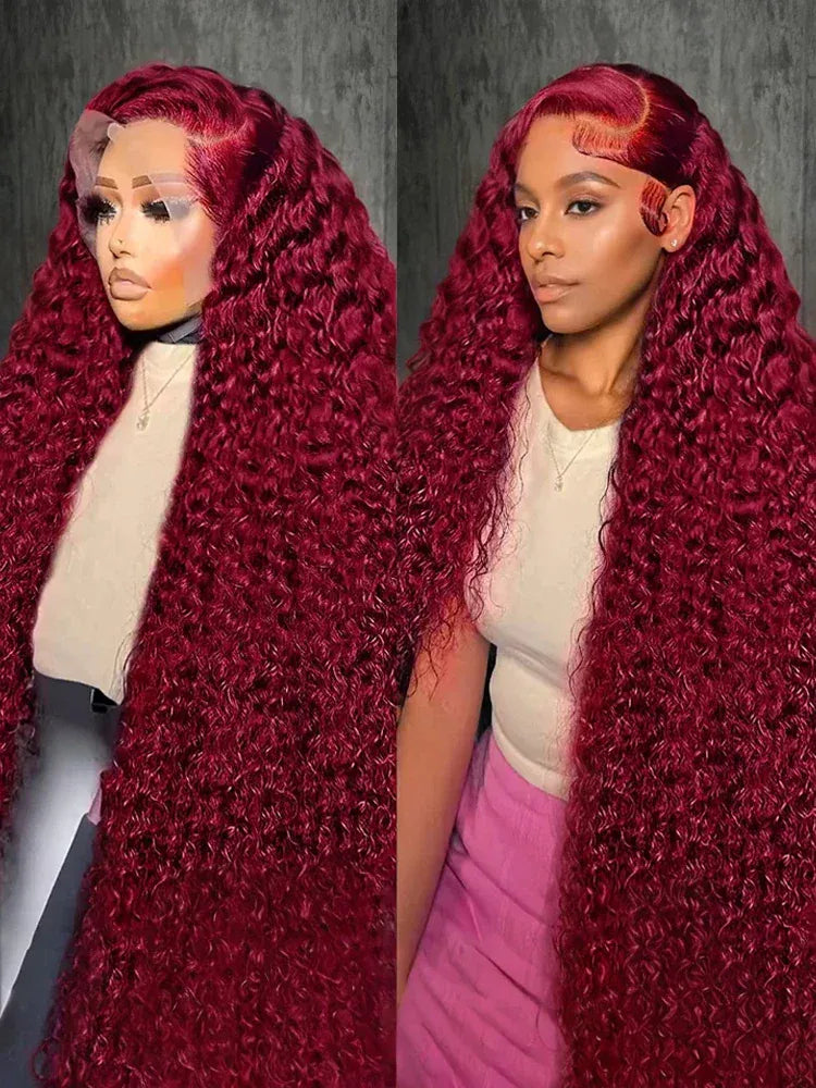 13x6 Deep Curly HD Lace Frontal Wig 30Inch Glueless Wear And Go 99J Burgundy Red Colored Deep Wave Lace Front Human Hair Wigs