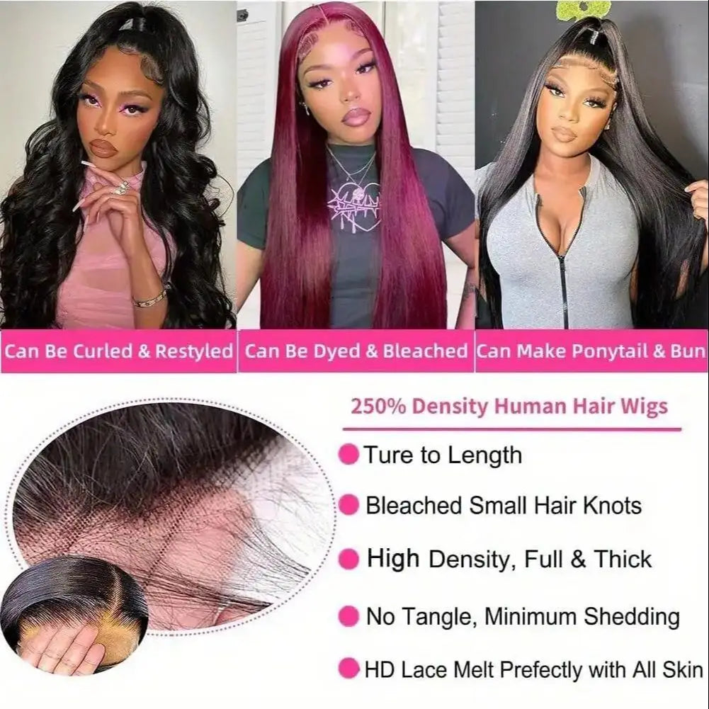 13×6 HD Lace Frontal Wig Straight 38 Inch Brazilian Human Hair 13×4 Pre Plucked Transparent Lace Front Wig 250 Density Black Wig
