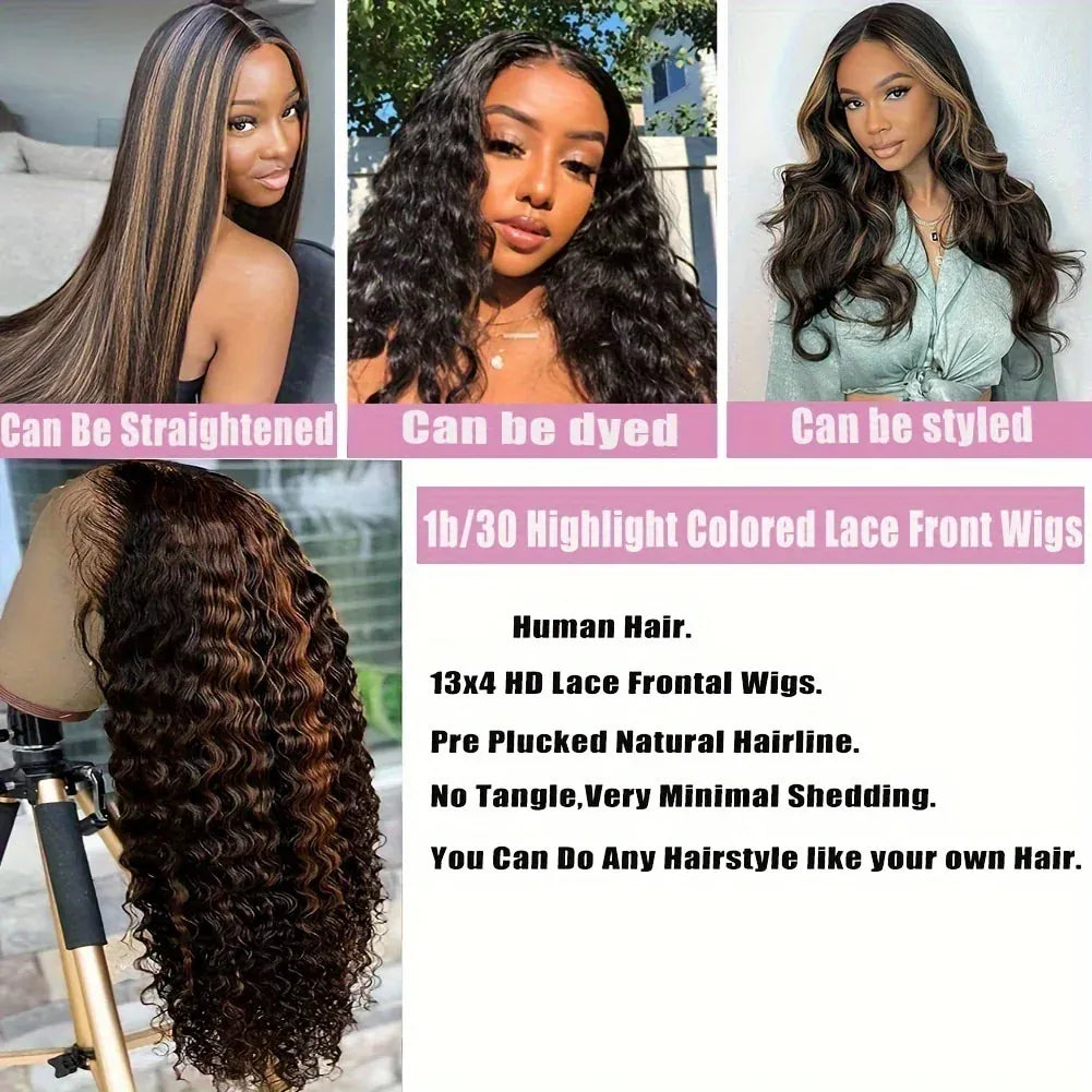 13x6 Lace Front Wig Human Hair 1B/30 Colored Highlight Wigs Deep Wave Ombre Brown 13x4 Human Hair Lace Frontal Wigs For Women
