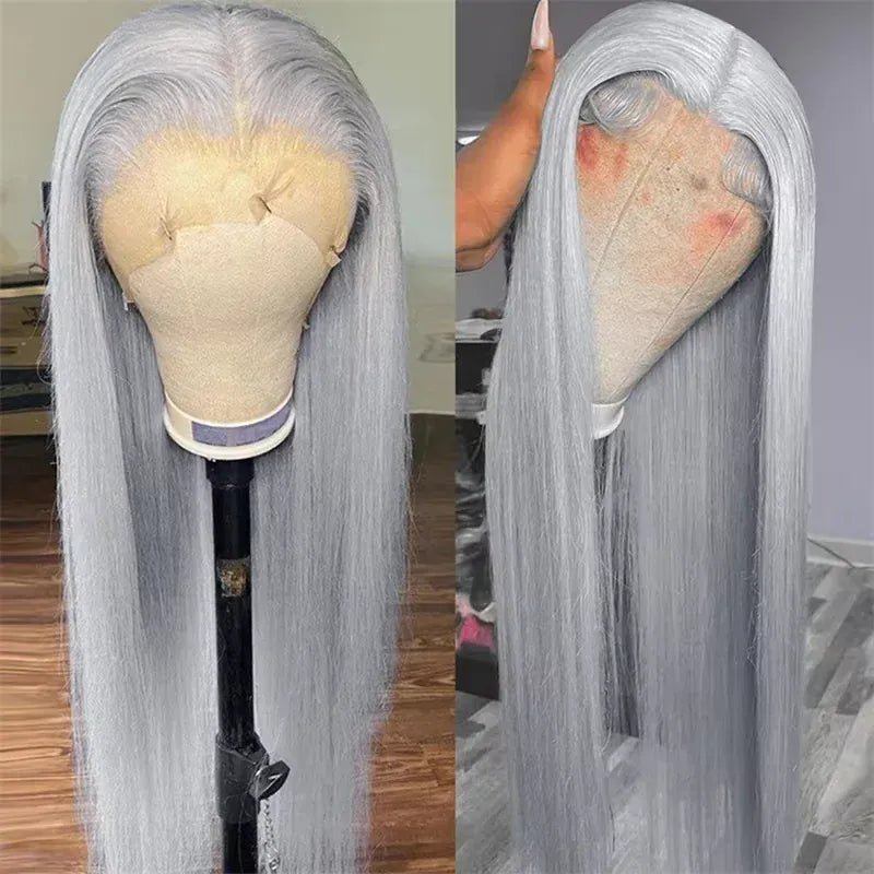 13x6 Straight Grey Lace Front Wig Human Hair Pre Plucked Remy Brazilian Silver Gray 13x4 Transparent Lace Frontal Wig Human Hair