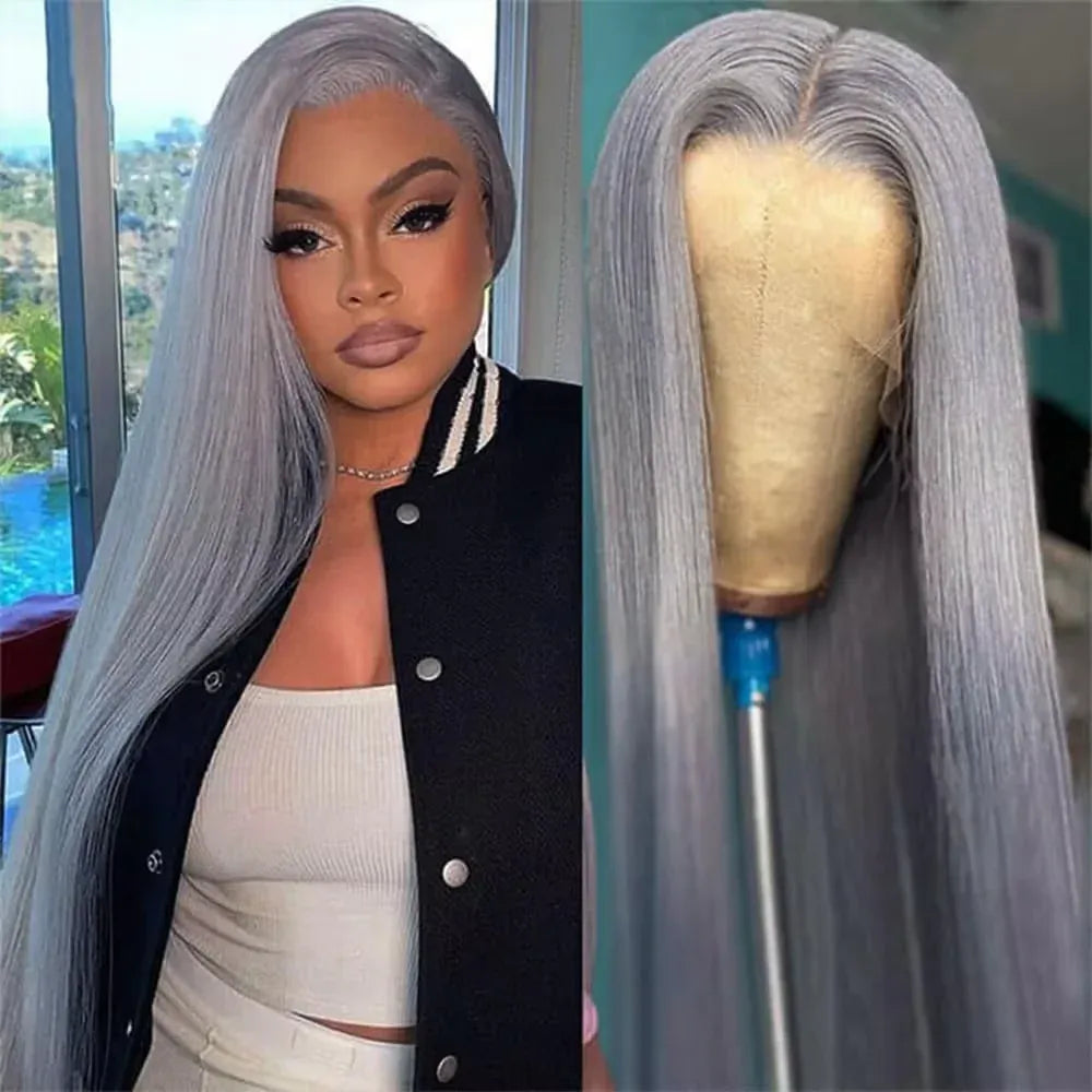 13x6 Straight Grey Lace Front Wig Human Hair Pre Plucked Remy Brazilian Silver Gray 13x4 Transparent Lace Frontal Wig Human Hair