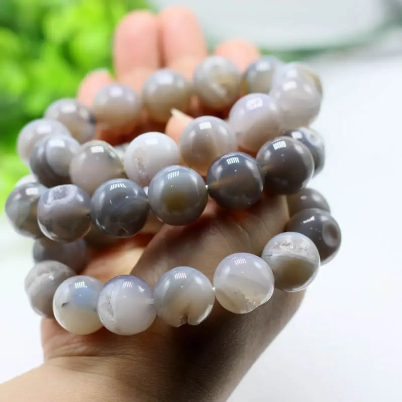 14/16/18/20mm Gray Onyx Agat Druzy Quartz Bracelets Natural Stretch Bangle Round Beads Veins Stone Men Gift