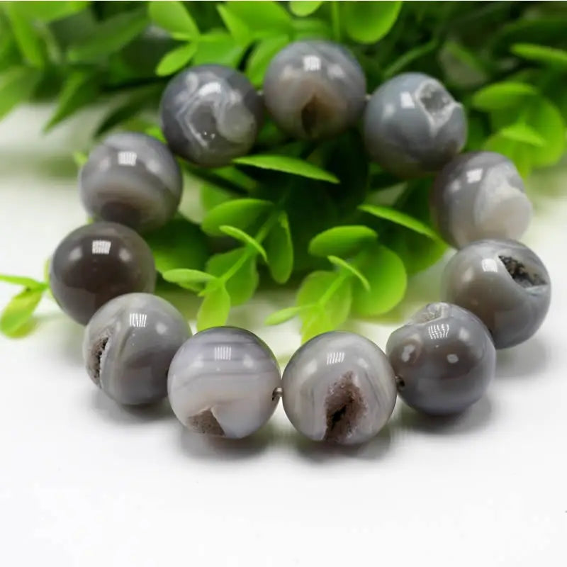 14/16/18/20mm Gray Onyx Agat Druzy Quartz Bracelets Natural Stretch Bangle Round Beads Veins Stone Men Gift