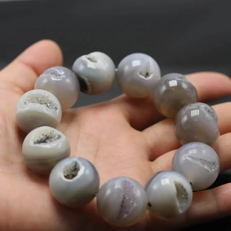 14/16/18/20mm Gray Onyx Agat Druzy Quartz Bracelets Natural Stretch Bangle Round Beads Veins Stone Men Gift