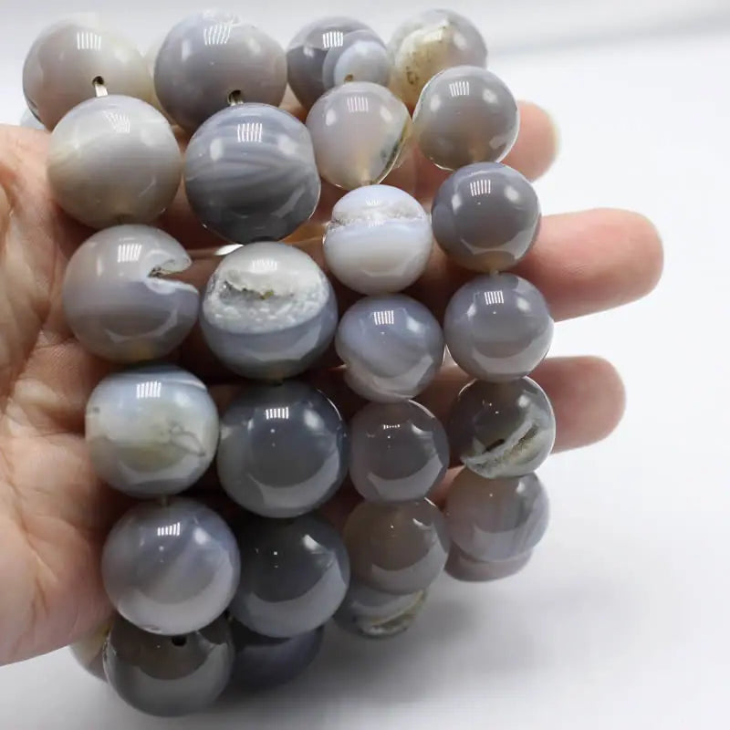 14/16/18/20mm Gray Onyx Agat Druzy Quartz Bracelets Natural Stretch Bangle Round Beads Veins Stone Men Gift