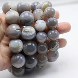 14/16/18/20mm Gray Onyx Agat Druzy Quartz Bracelets Natural Stretch Bangle Round Beads Veins Stone Men Gift