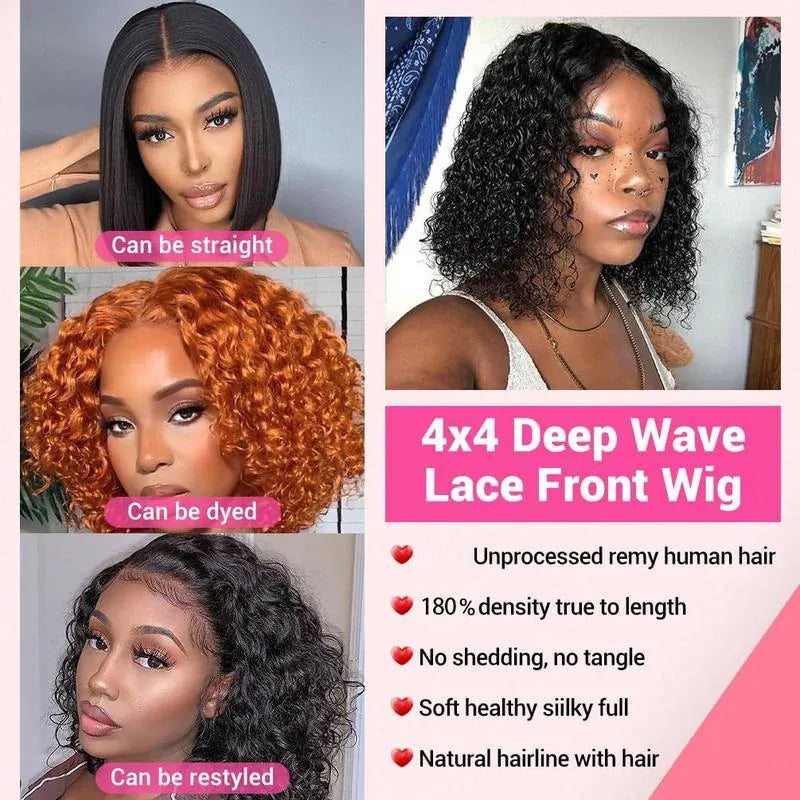 14 16 Inch 220% Curly Deep Wave 5x5 HD Lace Front Wigs Short Bob Wig Brazilian Glueless Human Hair Transparent Lace Frontal Wigs