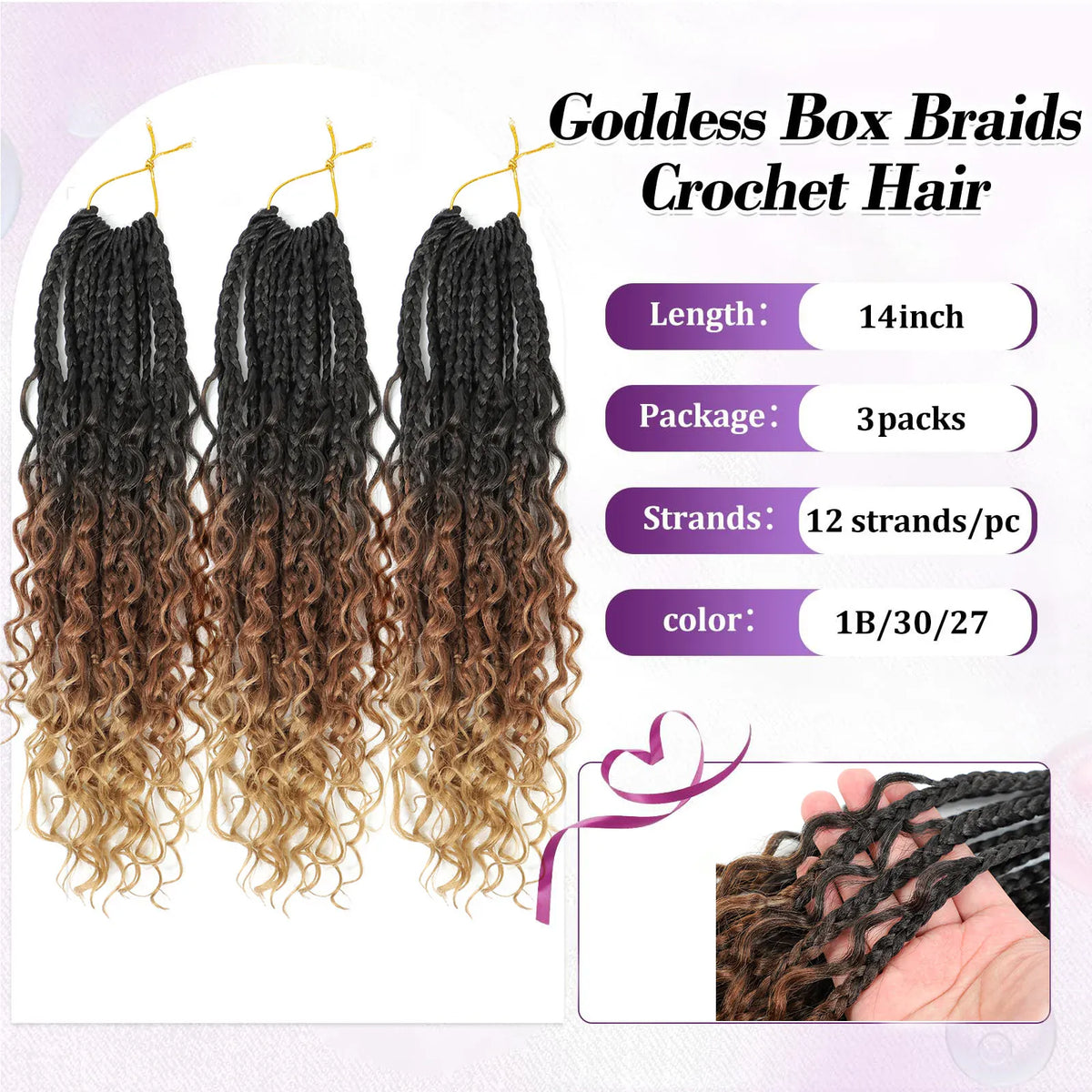 14 Inch Goddess Box Braids Crochet Hair for Black Women 3 Packs Crochet Box Braids Pre-looped Boho Box Braids Crochet Braids Synthetic Braiding Hair Extension 1B/30/27