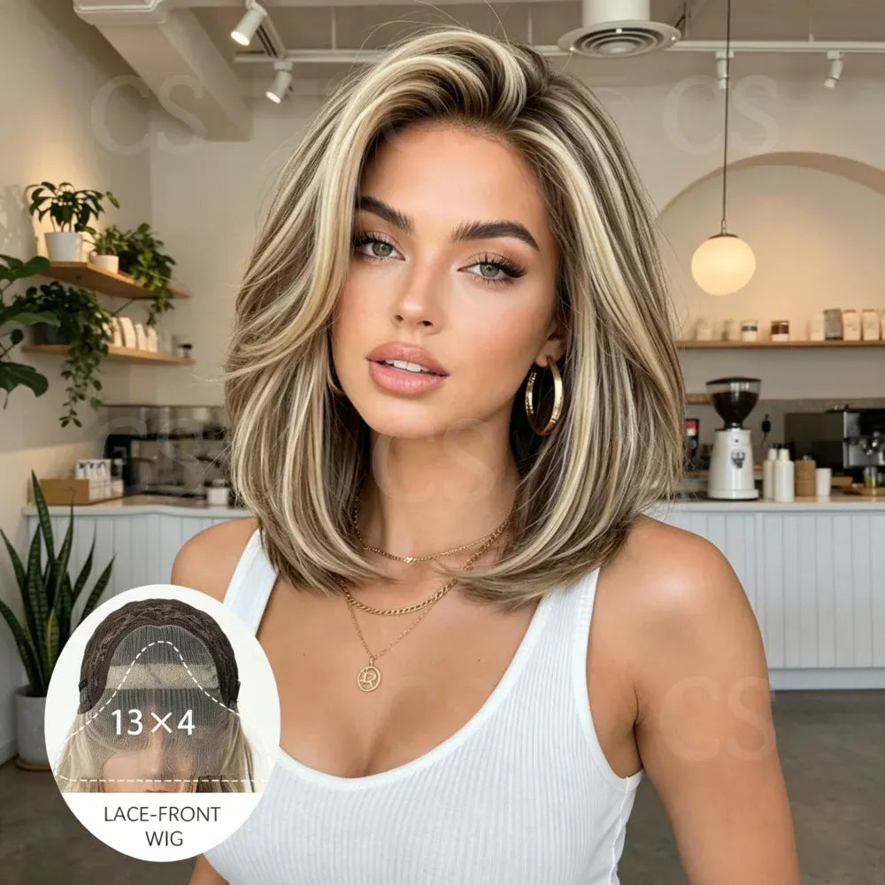 14 Inch Soft Highlight Blond Wave Hair Wig 150 Density 13x4 Lace Front with Baby Hair Pre-Plucked 100% Human Hair
