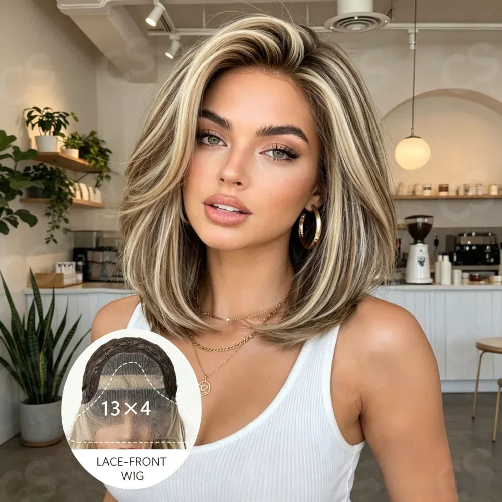 14 Inch Soft Highlight Blond Wave Hair Wig 150 Density 13x4 Lace Front with Baby Hair Pre-Plucked 100% Human Hair