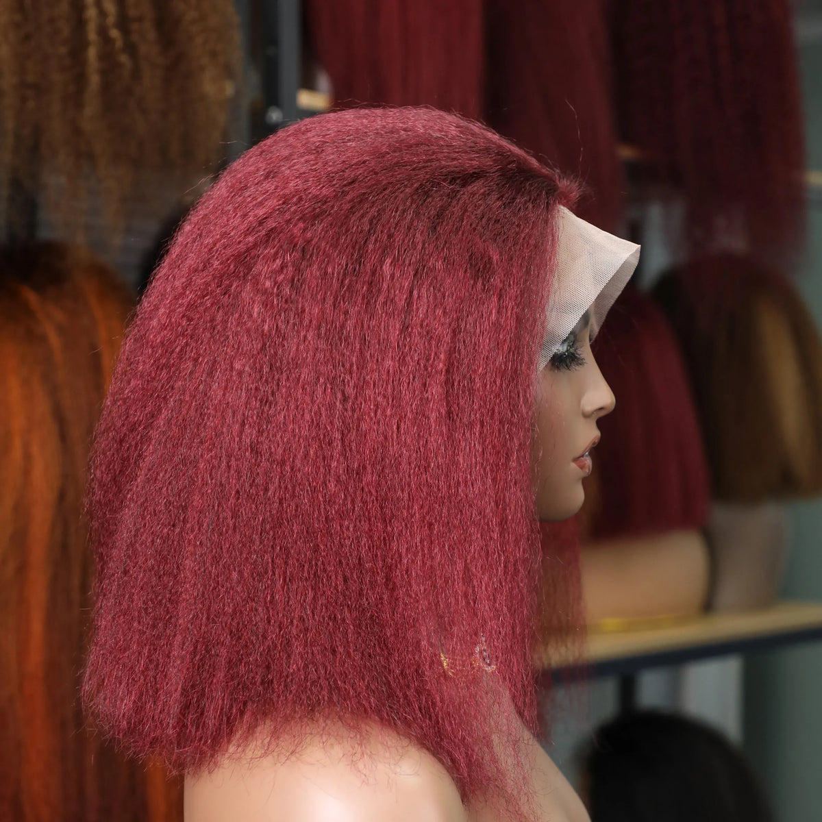 14inch Kinky Straight 99J Burgundy Bob Wig 100% Human Hair 13x4 Transparent Lace Wigs Short Bob Lace Wigs for Women Glueless