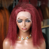 14inch Kinky Straight 99J Burgundy Bob Wig 100% Human Hair 13x4 Transparent Lace Wigs Short Bob Lace Wigs for Women Glueless