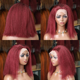 14inch Kinky Straight 99J Burgundy Bob Wig 100% Human Hair 13x4 Transparent Lace Wigs Short Bob Lace Wigs for Women Glueless