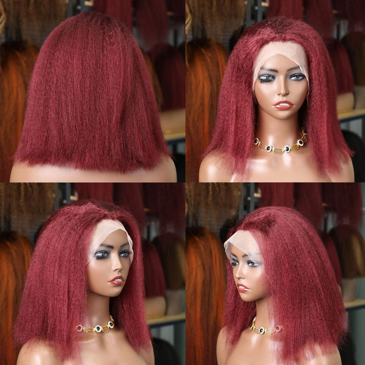 14inch Kinky Straight 99J Burgundy Bob Wig 100% Human Hair 13x4 Transparent Lace Wigs Short Bob Lace Wigs for Women Glueless
