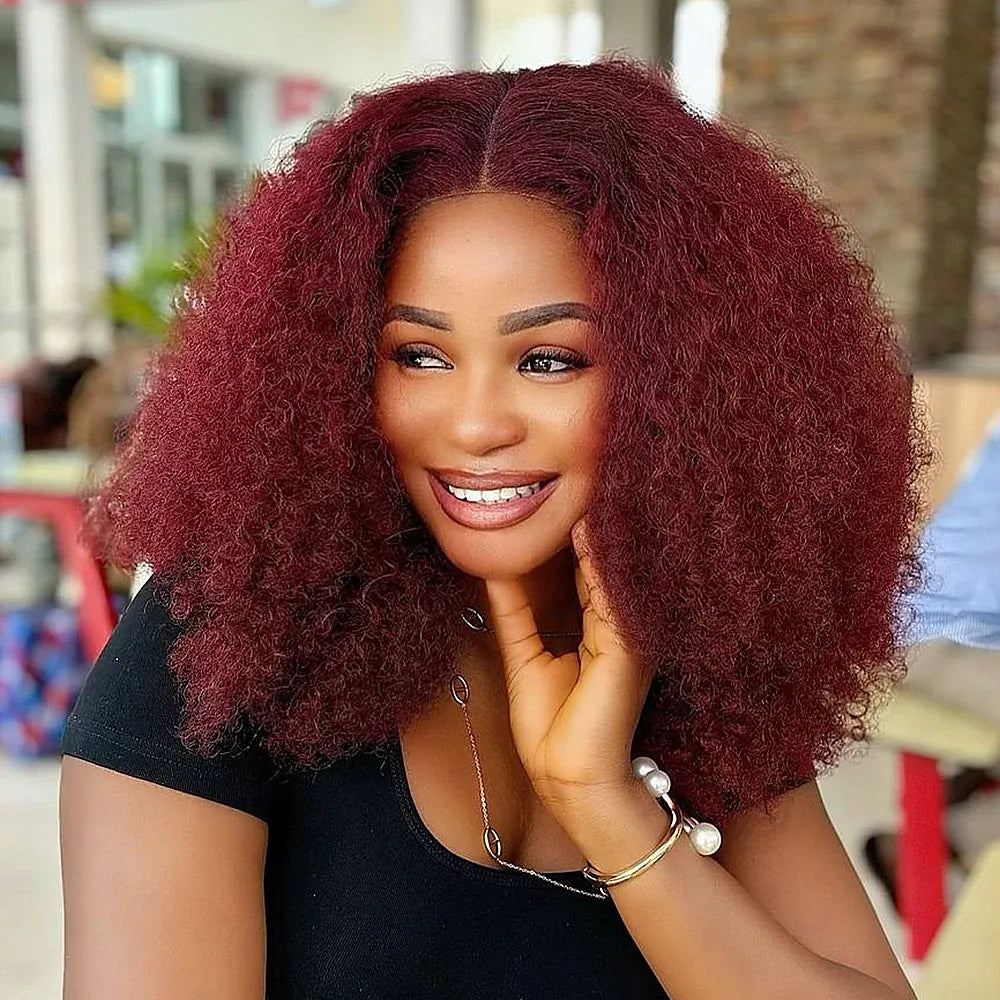 14inch Kinky Straight 99J Burgundy Bob Wig 100% Human Hair 13x4 Transparent Lace Wigs Short Bob Lace Wigs for Women Glueless