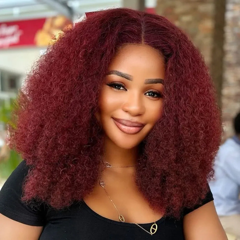 14inch Kinky Straight 99J Burgundy Bob Wig 100% Human Hair 13x4 Transparent Lace Wigs Short Bob Lace Wigs for Women Glueless
