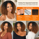 15A T1B/30 TB30 Highlight Kinky Curly Feather Crochet Human Hair Miracle Knots Knotless Pre Separated Pre Looped Small Spirals Deep Curly Human Hair Extensions Invisible Boho Braiding Light Brown Crochet Hair For Women
